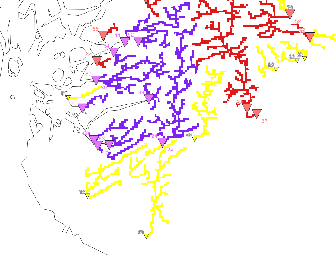 Appearance of the updated ERIC flash flood layers in EFAS after the addition of the yellow triangles and channel network shading