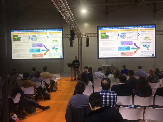 Delegates at the PICO session on operational forecasting and warning systems for natural hazards. Kyriakos Kandris (EMVIS Consultant Engineers) presents the Space-O operational platform.