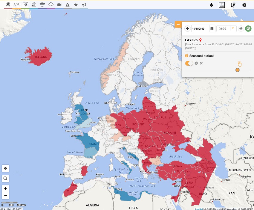 Screenshot of EFAS overview map for seasonal and sub-seasonal outlooks