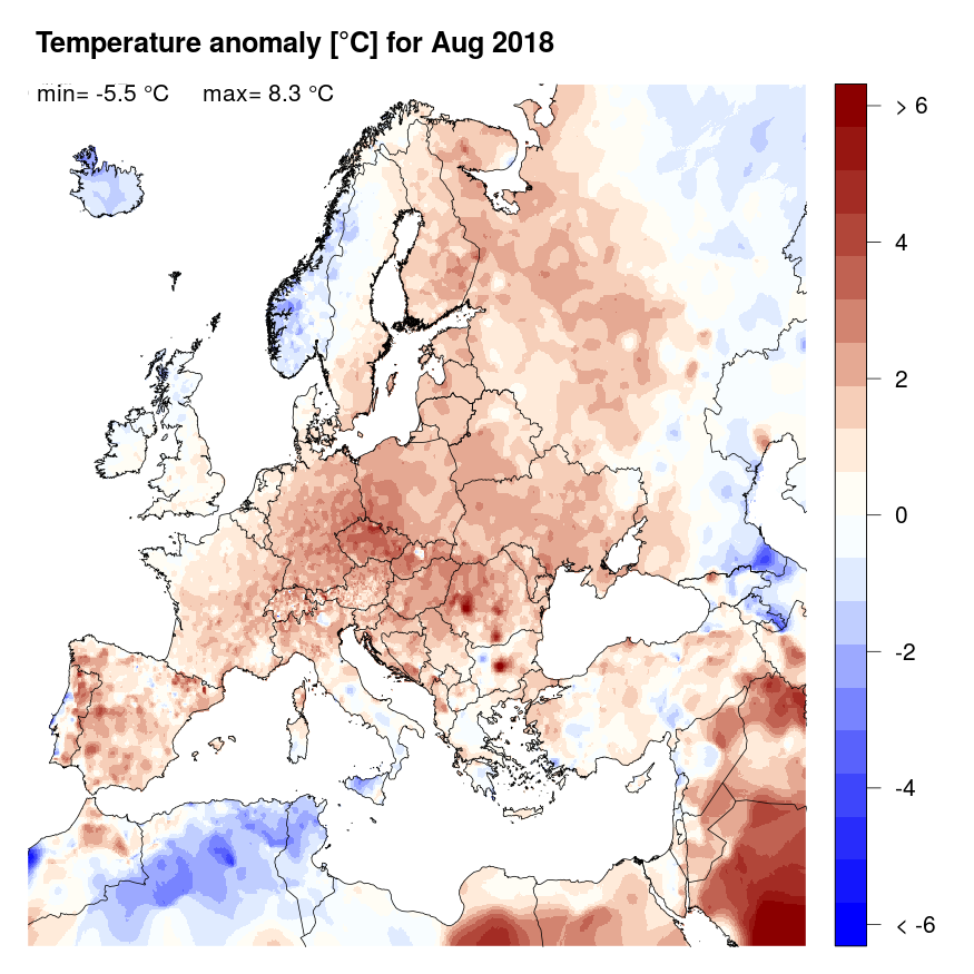 Figure 4. Temperature anomaly [°C] for August 2018, relative to a long-term average (1990-2013). Blue (red) denotes colder (warmer) temperatures than normal.