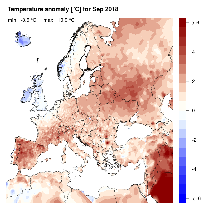 Figure 4. Temperature anomaly [°C] for September 2018, relative to a long-term average (1990-2013). Blue (red) denotes colder (warmer) temperatures than normal.