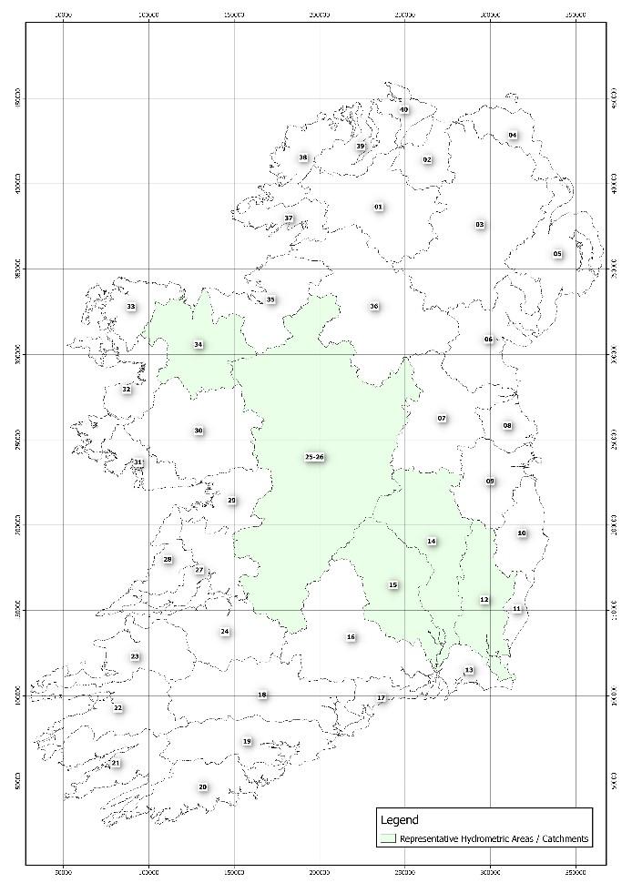 The five representative catchments being modelled (shaded light green)