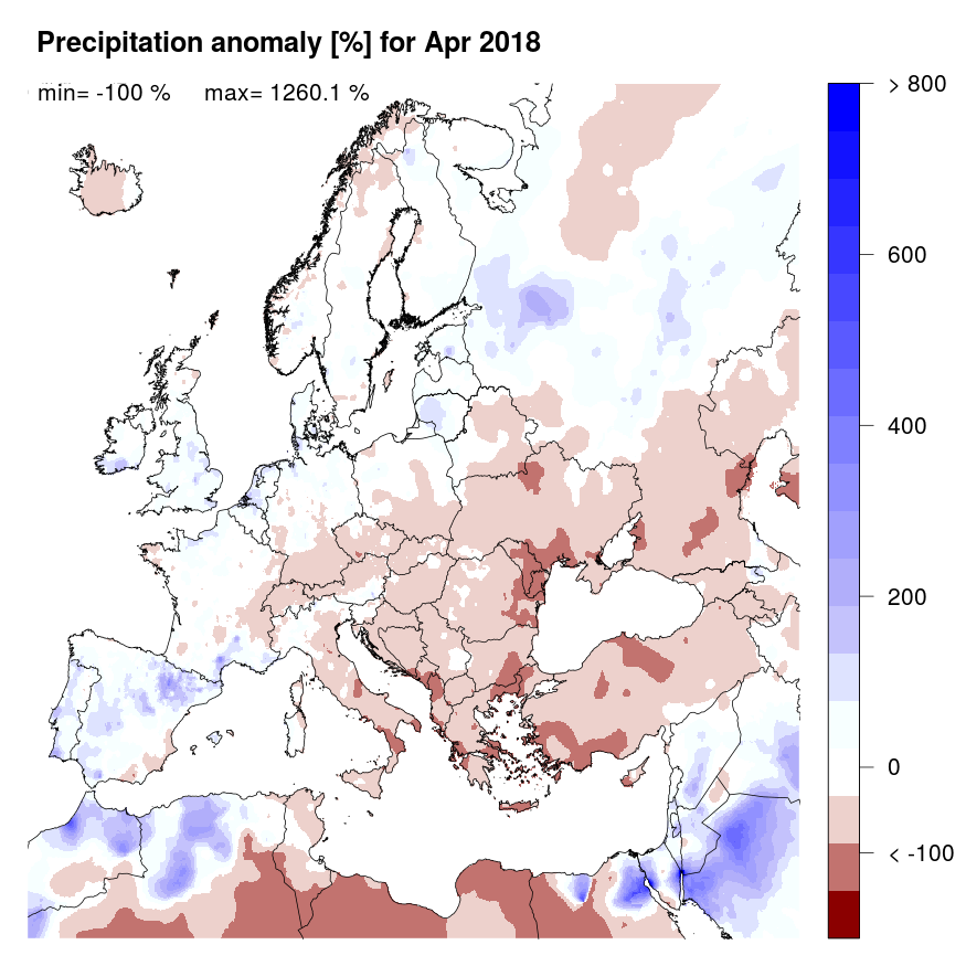 Figure 2. Precipitation anomaly [%] for April 2018, relative to a long-term average (1990-2013). Blue (red) denotes wetter (drier) conditions than normal.