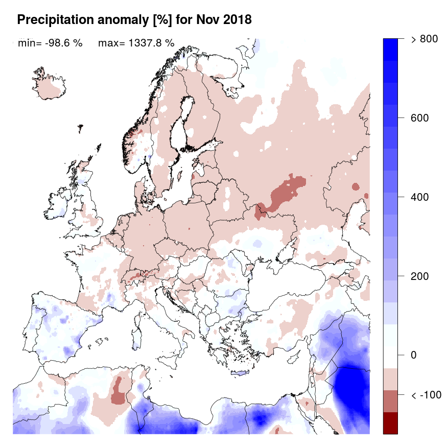 Figure 2. Precipitation anomaly [%] for November 2018, relative to a long-term average (1990-2013). Blue (red) denotes wetter (drier) conditions than normal.