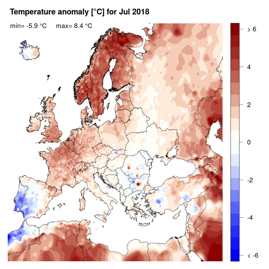 Figure 4. Temperature anomaly [°C] for July 2018, relative to a long-term average (1990-2013). Blue (red) denotes colder (warmer) temperatures than normal.