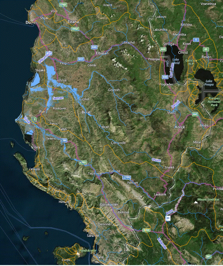 Example of outputs from the Rapid Flood Mapping layer in EFAS, showing predicted flooding along the Vjosa, Seman and Shkumbin rivers during November 2017.