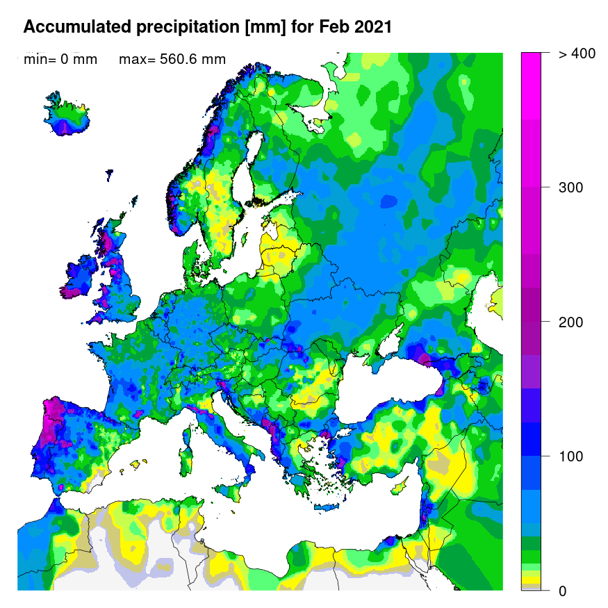 Figure 1. Accumulated precipitation [mm] for February 2021.