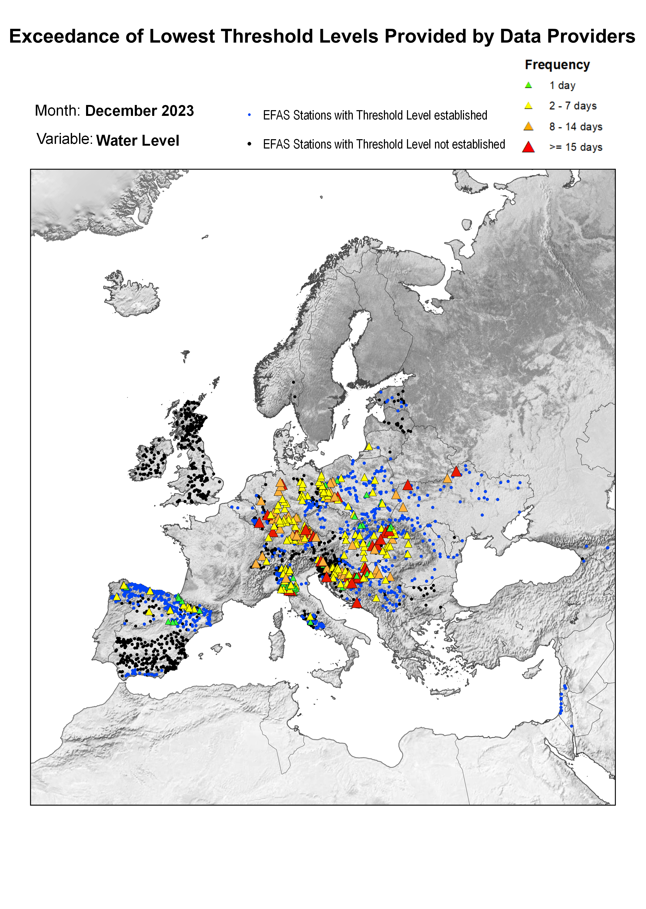 Figure 2. Exceedance of lowest water level threshold level for December 2023