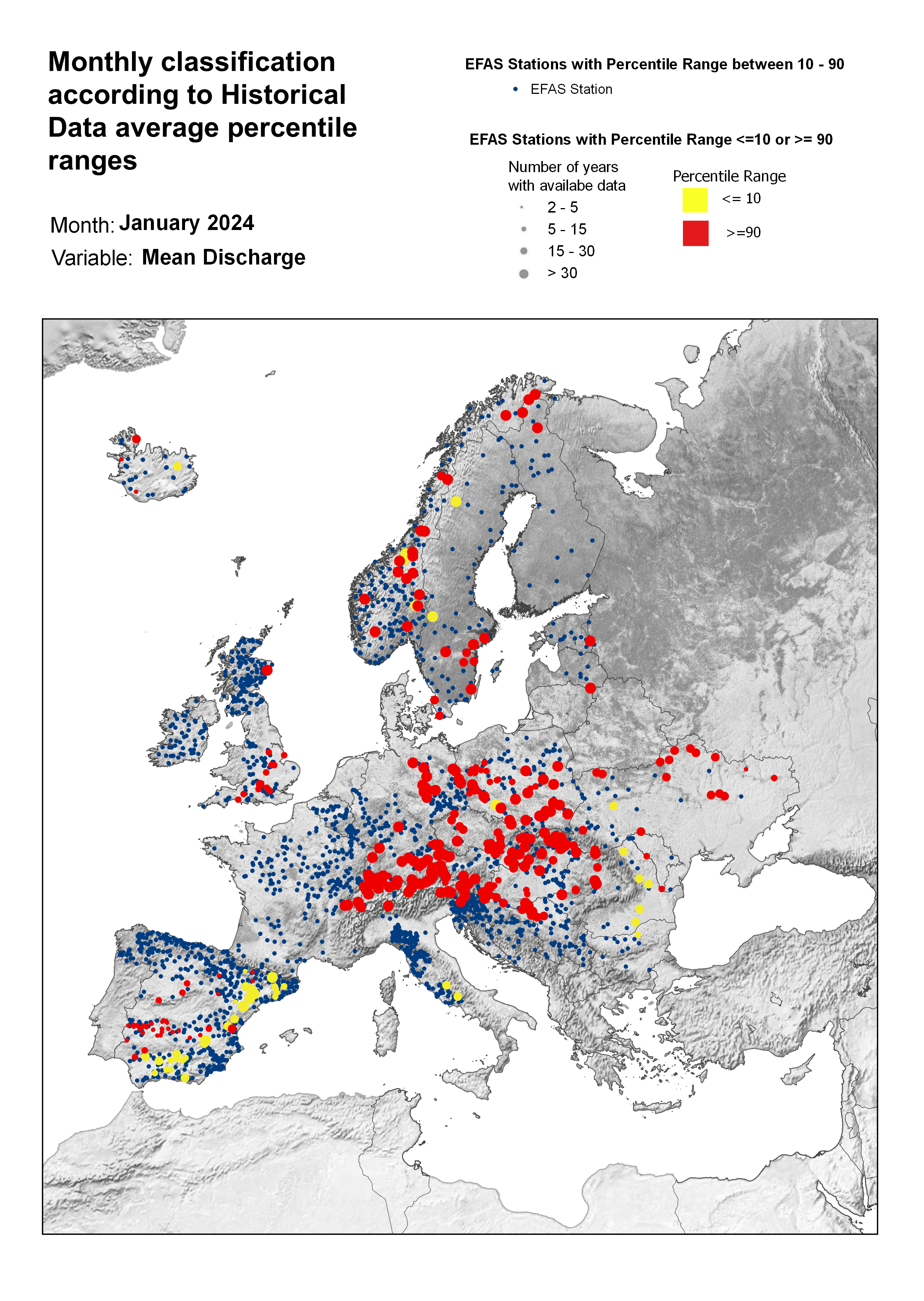 Figure 3. Classification of stations according to discharge historical data average percentile ranges for January 2024