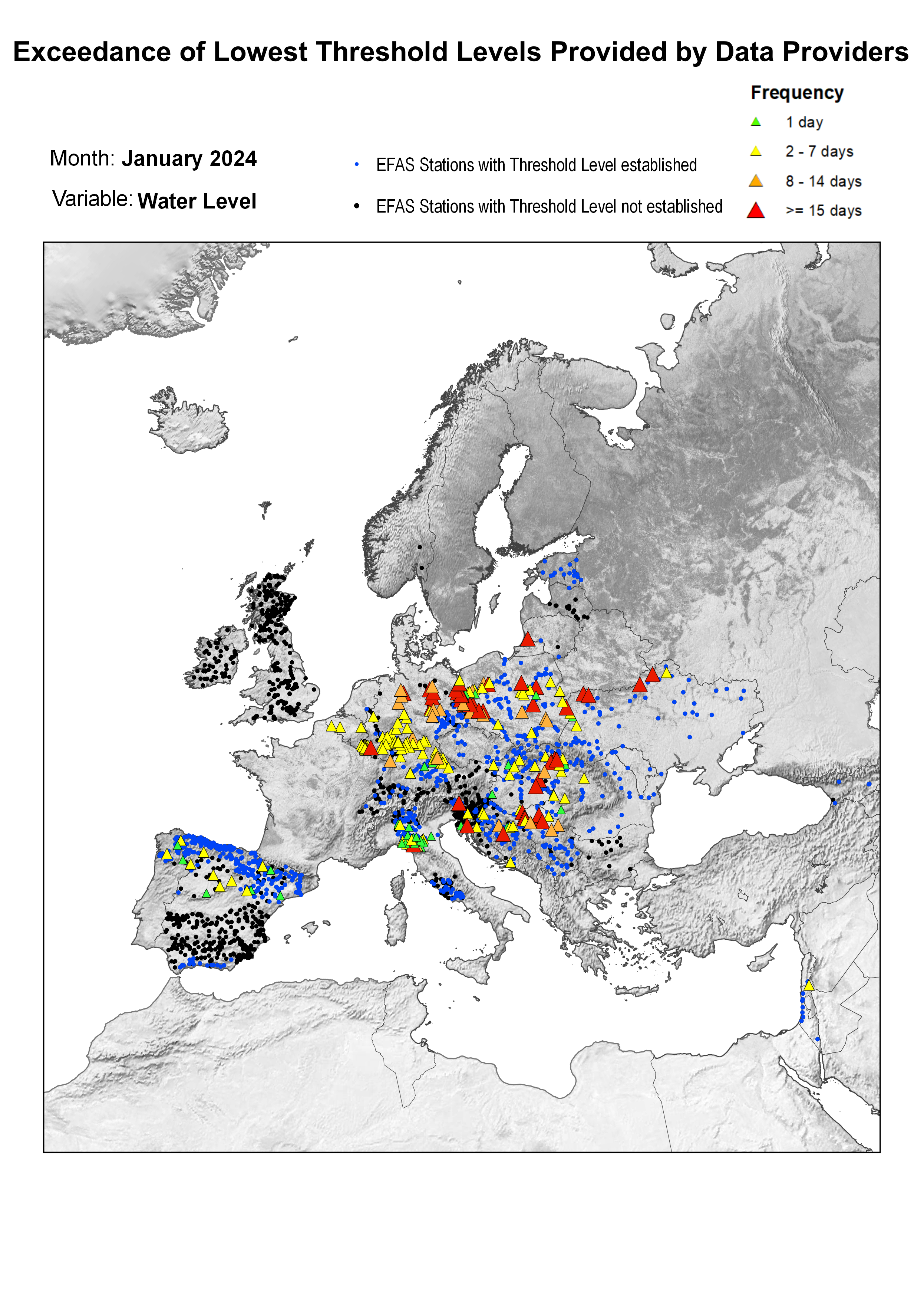 Figure 2. Exceedance of lowest water level threshold level for January 2024