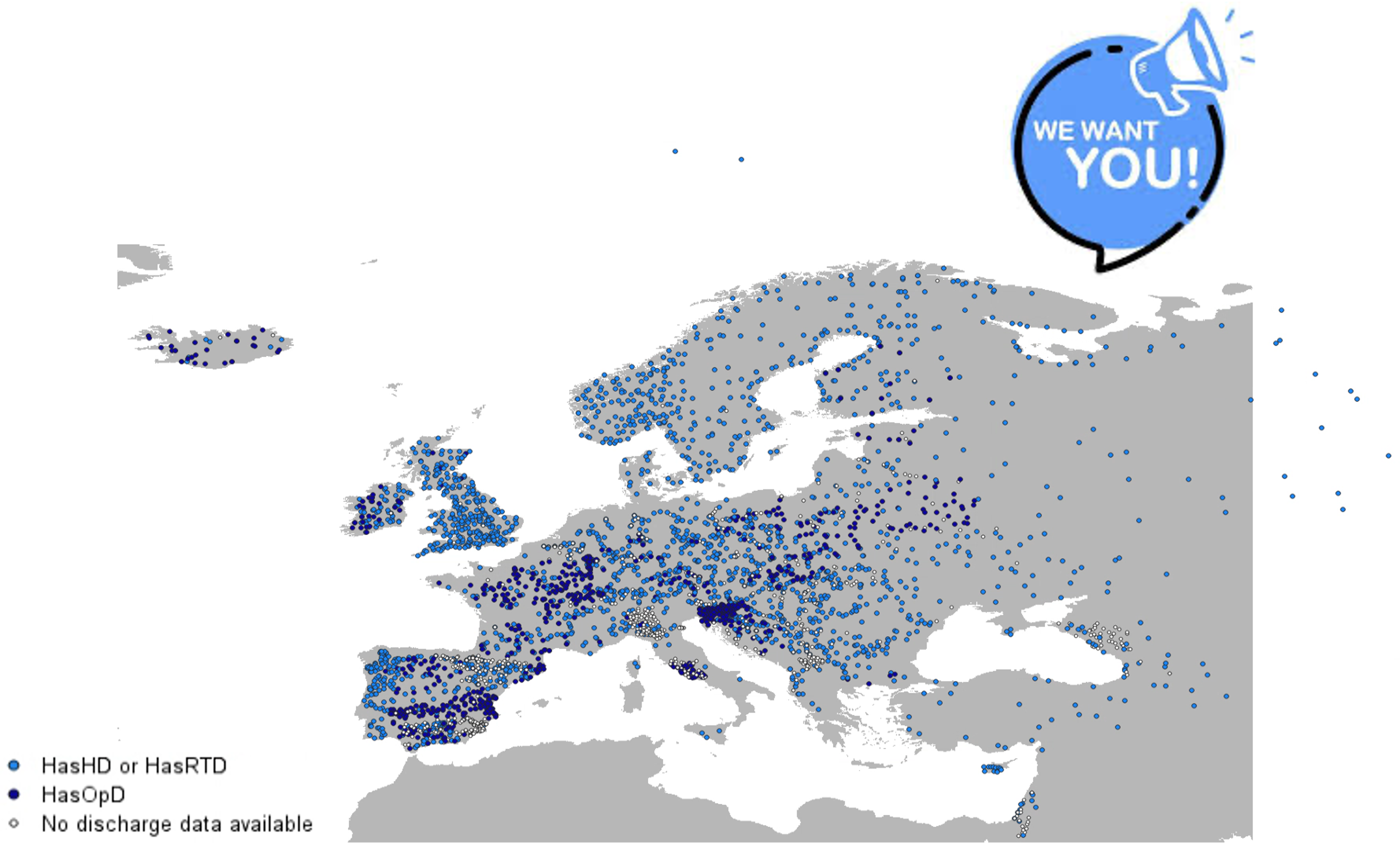 Stations considered for EFAS v5 calibration. Grey shaded area indicates the EFAS v5 domain.