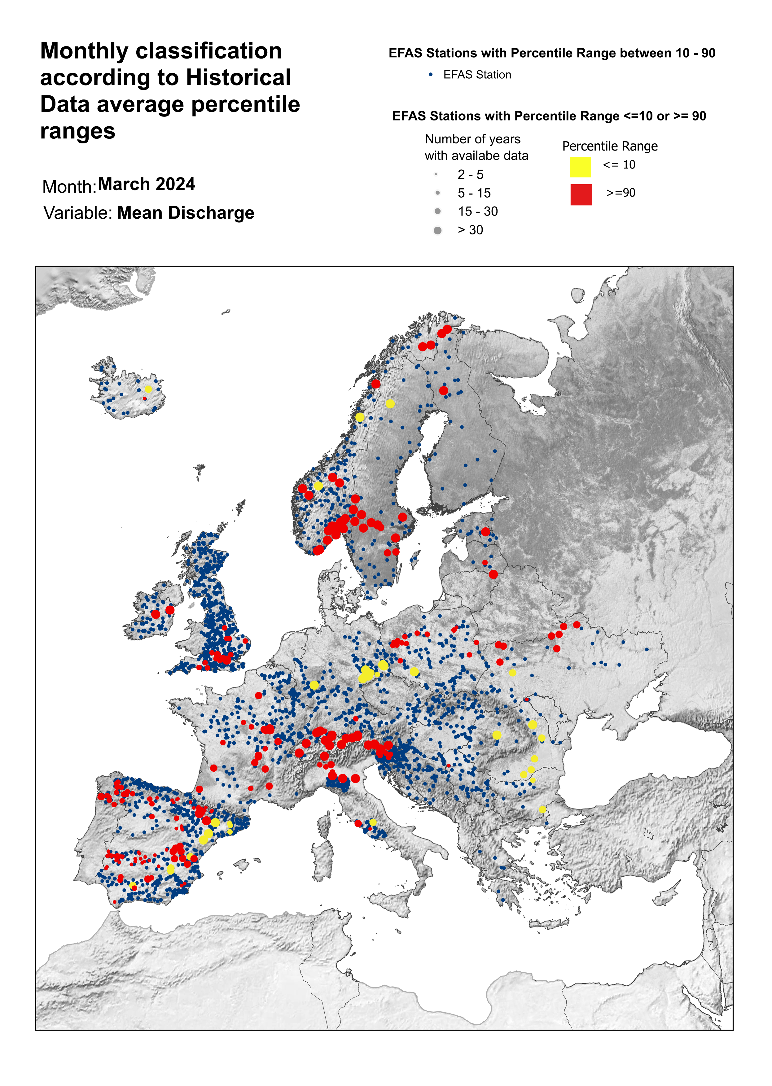Classification of stations according to discharge historical data average percentile ranges for March 2024
