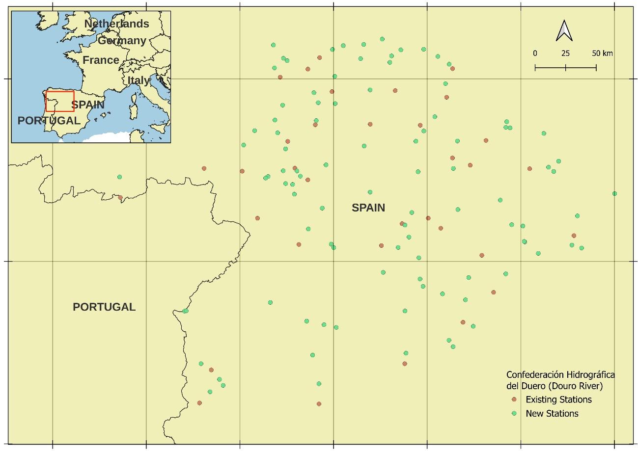 Location of the hydrological stations of the Confederación Hidrográfica del Duero