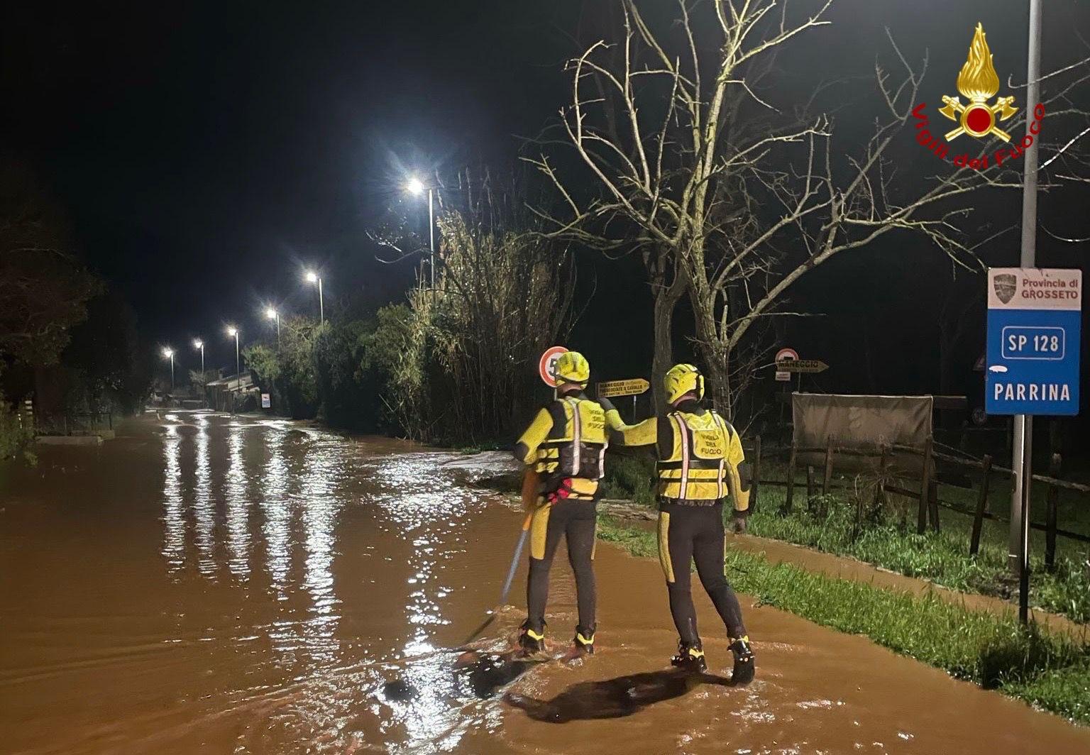 Teams from Vigili del Fuoco carried out over 30 interventions, including rescues and evacuations, following flooding in areas of the Maremma coast in Tuscany from 13 to 14 February 2025. Credit: Vigili del Fuoco