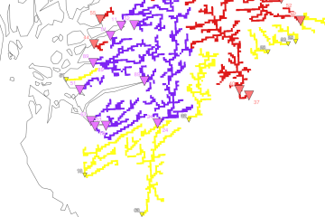 Appearance of the updated ERIC flash flood layers in EFAS after the addition of the yellow triangles and channel network shading