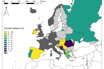 Summary: Percentage of EFAS Formal Flood Notifications for which feedback was provided for 2019, aggregated per country. EFAS partner countries for which no Formal Flood Notifications were issued during 2019 are shaded in grey.