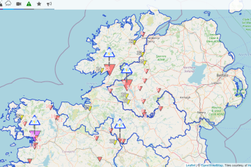 Figure 1: ERIC reporting points in northern Ireland. Enlarged inverted triangles highlight where the flash flood forecast probability and lead time meet the criteria for issuing a flash flood notification (shown by the blue triangles).