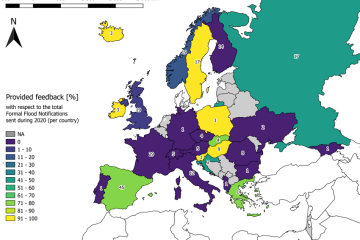 Percentage of EFAS Formal Flood Notifications for which feedback was provided for 2020, aggregated per country (in colour). The total number of Formal Flood Notifications sent for each country during 2020 is shown on the map. EFAS partner countries for which no Formal Flood Notifications were issued during 2020 are shaded in grey.