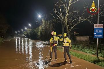 Teams from Vigili del Fuoco carried out over 30 interventions, including rescues and evacuations, following flooding in areas of the Maremma coast in Tuscany from 13 to 14 February 2025. Credit: Vigili del Fuoco