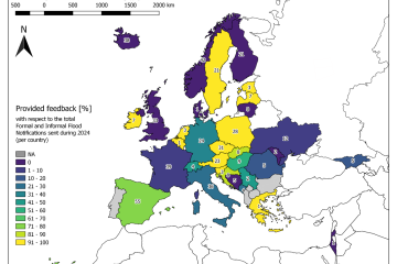 Percentage of EFAS Formal and Informal Flood Notifications for which feedback was provided for 2024, aggregated per country (in colour). The total number of Formal and Informal Flood Notifications sent for each country during 2024 is shown on the map. EFAS partner countries for which neither Formal or Informal Flood Notifications were issued during 2024 are shaded in grey.